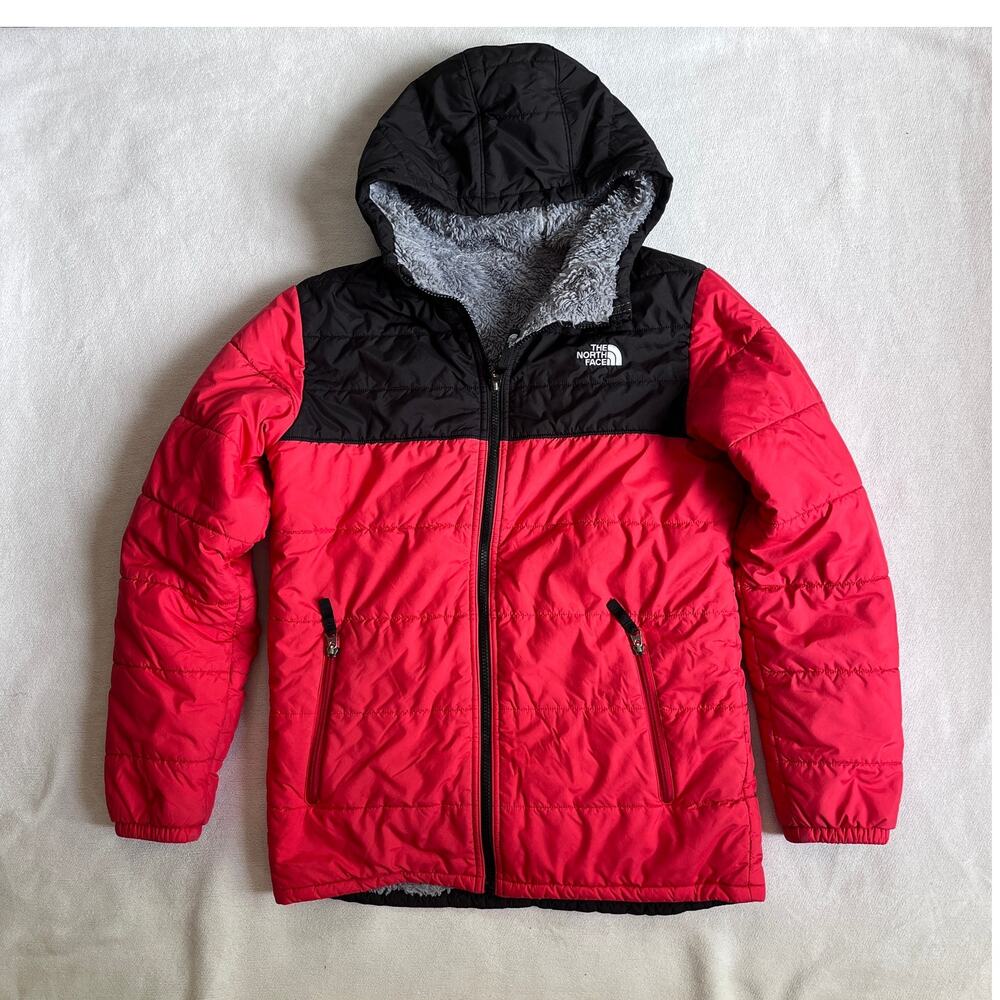 The North Face Reversible Puffer Fleece Lined Jacket Red Black Gray Boys XL
